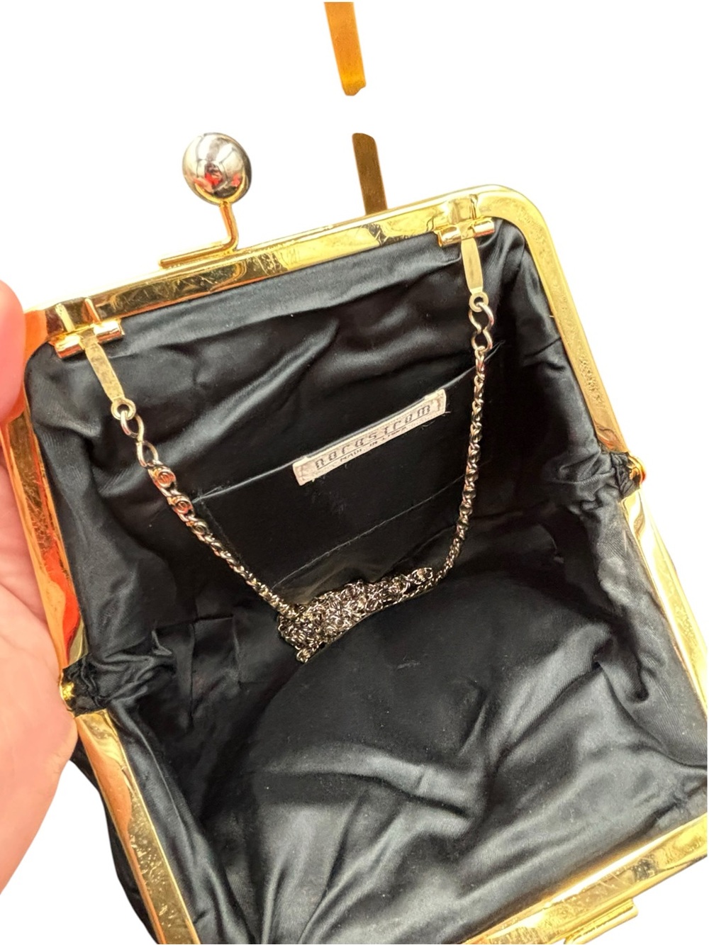 Vintage Nordstrom Black Pleated Evening Bag, Gold Tone Kiss Lock, Chain Strap - Picture 13 of 14